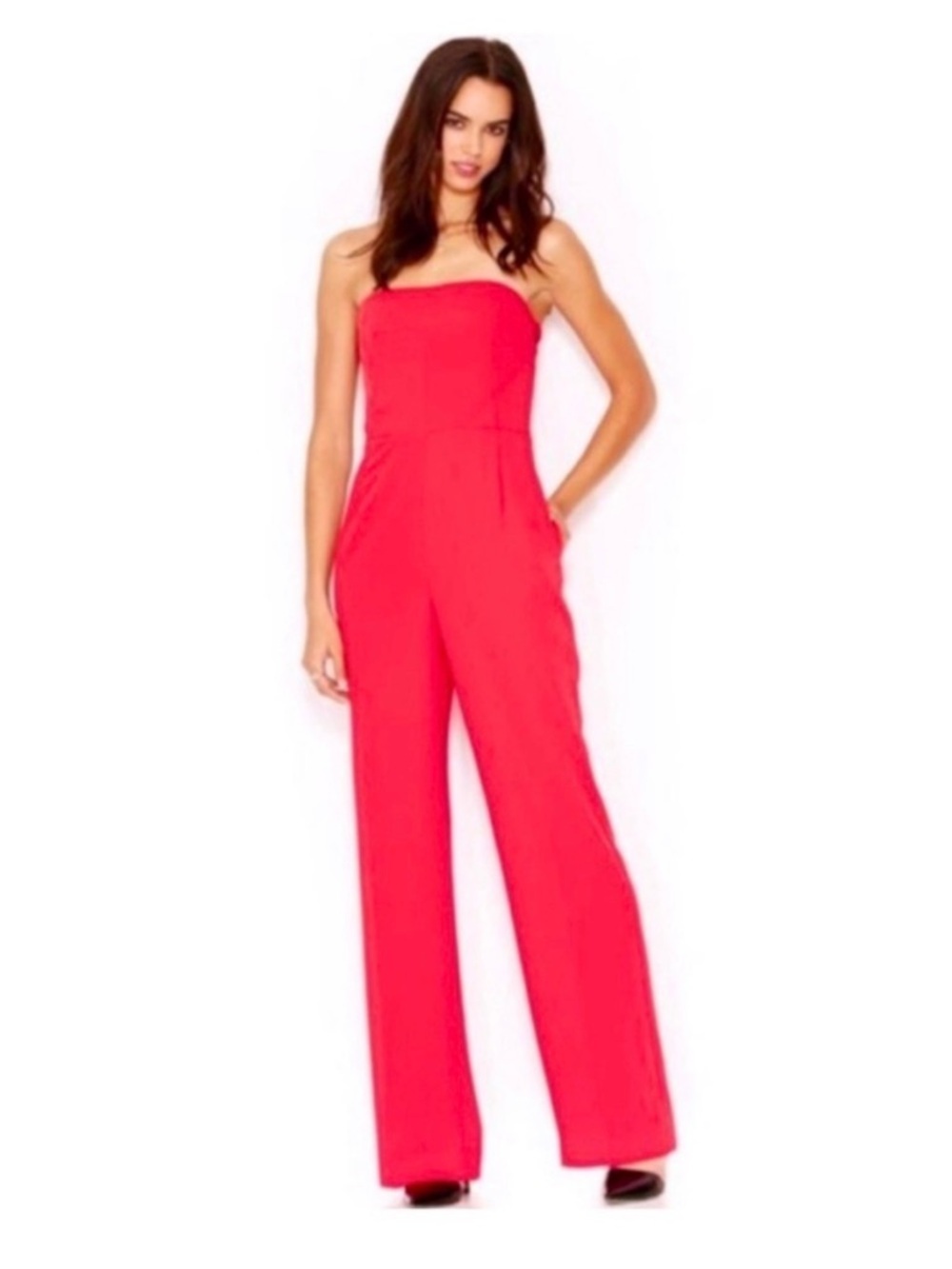 Rachel Roy Red Strapless Flowy Wide Leg One Piece Jumpsuit w Pockets